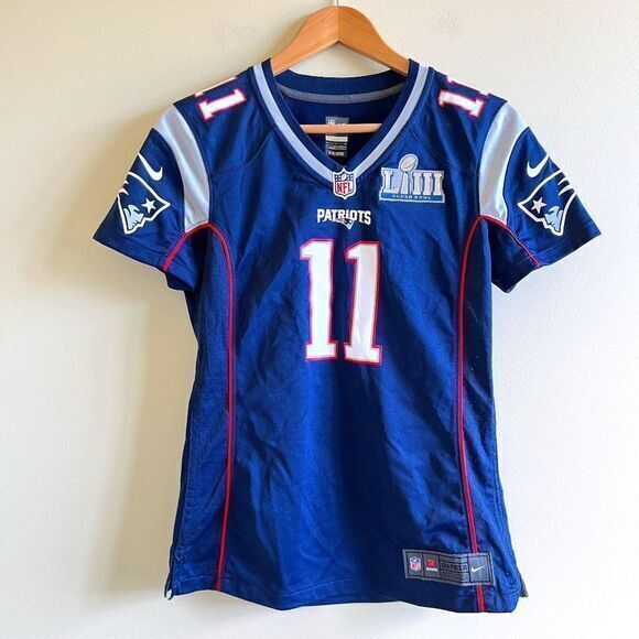 Nike JULIAN EDELMAN Blue NEW ENGLAND PATRIOTS Women's Super Bowl 52 LII TOP SZ S - Picture 1 of 4